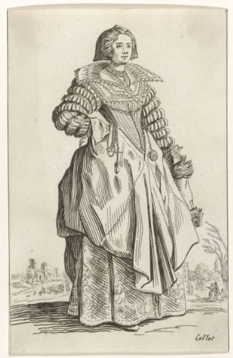 Lady with cap, rosary and muff, seen from the front, facing left