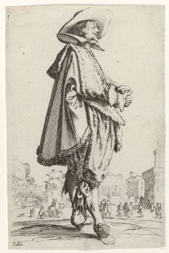 Gentleman with hat, hands folded, facing right