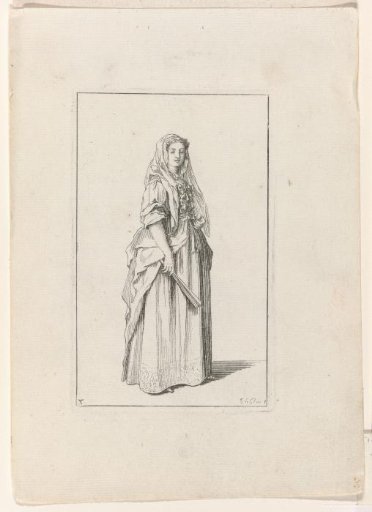 Lady with veil and closed fan, facing right