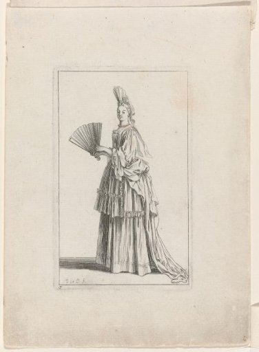 Lady with a fontange, holding an open fan, facing left