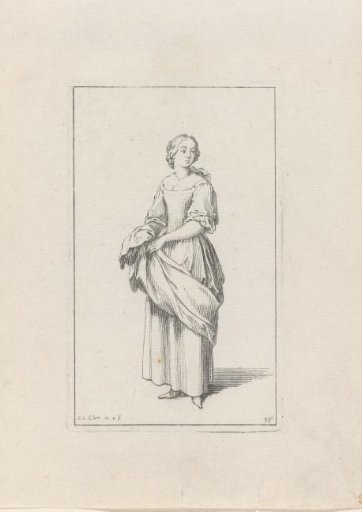 Young milkmaid, holding up her overskirt, seen from the front