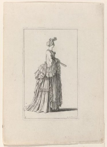 Lady in a cloak with falbalas and a fontange, facing right