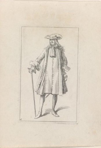 Gentleman seen from the front, leaning on a walking stick