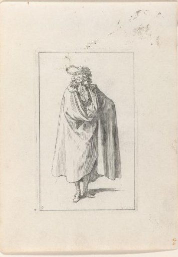 Gentleman in a long cape, with a hat, seen from the front