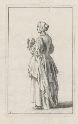 Maid with a small dog on her arm