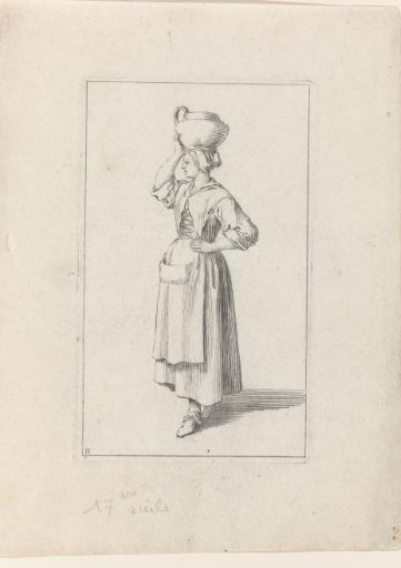 Maid carrying a jug on her head, facing left