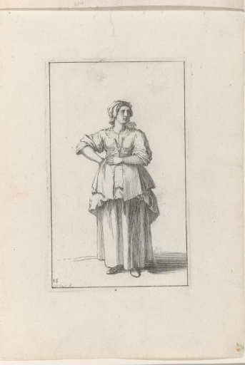 Maid, seen from the front, with one arm across her stomach