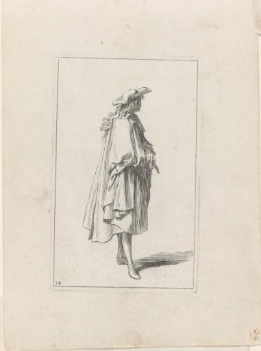 Man in a loose shoulder cape, hat on his long hair, facing right