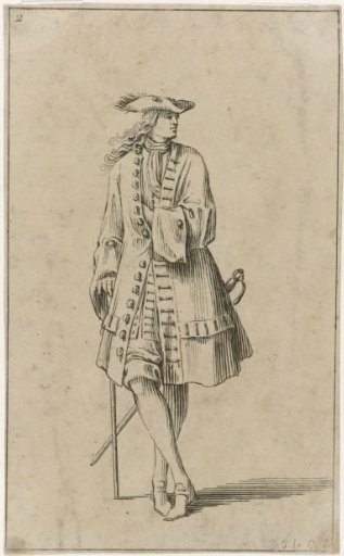 Gentleman with a sword, leaning on his walking stick, seen from the front