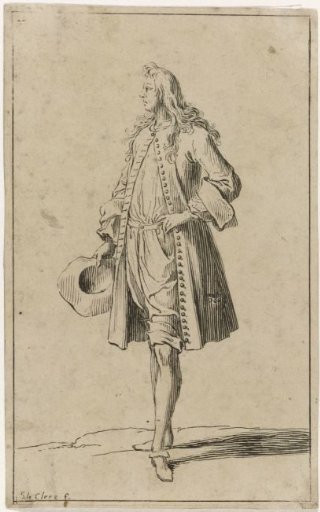 Gentleman with a hat in his hand, left hand on his hip