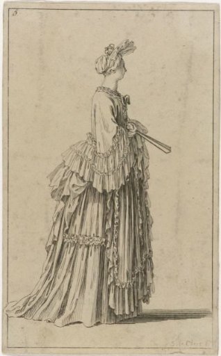 Lady with a fontange, in a gown with falbalas, facing right