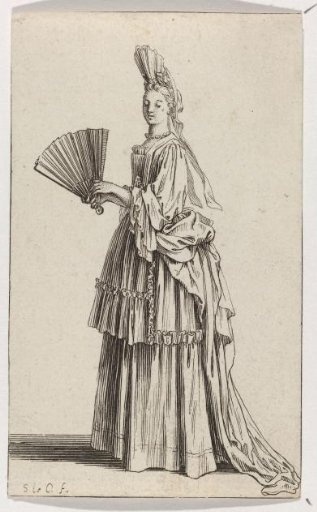Lady with a fontange, holding an open fan, facing left