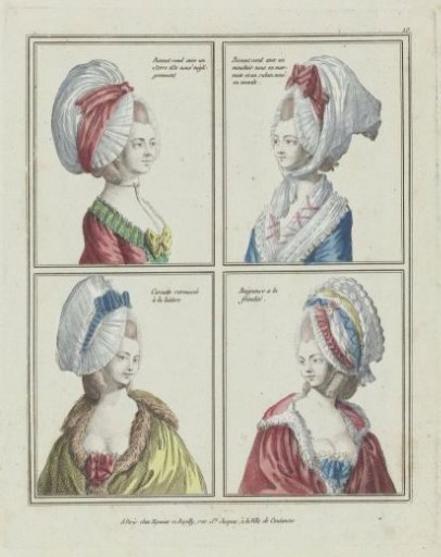 Gallery of French Fashions and Costumes, 1776-1778, B 10: Round Bonnet with a Headband (...)
