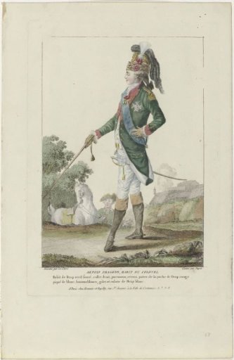Gallery of French Fashions and Costumes, 1778, O 83: Artois Dragoons, Colonel's Costume (...)