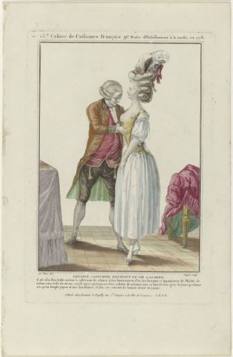 Tailor trying on a fashionable corset from Gallery of French Fashions and Costumes