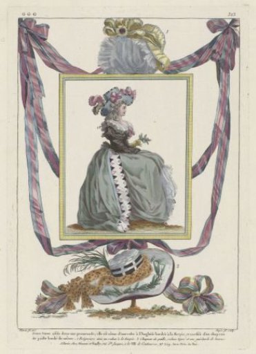 Gallery of French Fashions and Costumes, 1787, GGG 323: Young Lady Seated in a Promenade; (...)