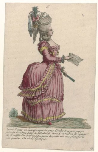 Gallery of French Fashions and Costumes, 1785, no. 6, no. 11, Copy after N 78: Young Lady in Circassian (...)