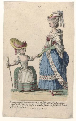 Gallery of French Fashions and Costumes, 1785, no. 25, no. 50, Copy after H 45: Bourgeoise walking with her daughter (...)