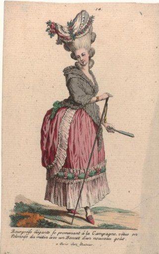 Gallery of French Fashions and Costumes, 1785, no. 14, no. 27, Copy after J 53: Elegant Bourgeoise walking (...)
