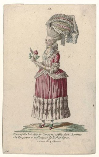 Gallery of French Fashion and Costumes, 1785, no. 12, no. 24, Copy after K 59: Young lady dressed in a caraco (...)