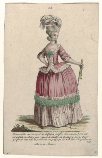 Gallery of French Fashion and Costumes, 1785, no. 23, no. 45, Copy after M 72: Young lady in a caraco (...)