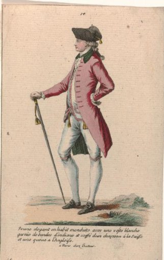 Gallery of French Fashion and Costumes, 1785, no. 14, no. 28, Copy after J 52: Young gentleman in a monchet coat (...)