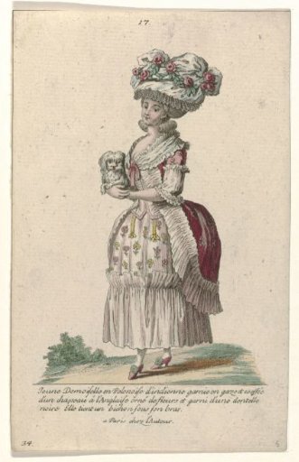 Gallery of French Fashion and Costumes, 1785, no. 17, no. 34, Copy after Q 95: Young lady in a polonaise of Indian fabric (...)