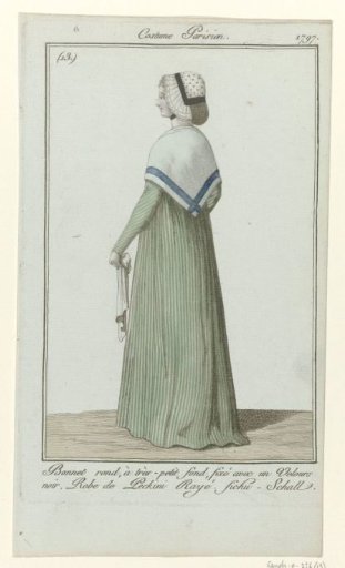 Journal des Dames et des Modes, Parisian Costume, 3 December 1797, (13): Round bonnet, with very small crown (...)