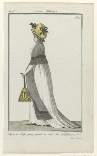 Journal des Dames et des Modes, Parisian Costume, 28 July 1798, Year 6, (52): Capote in crepe (...)