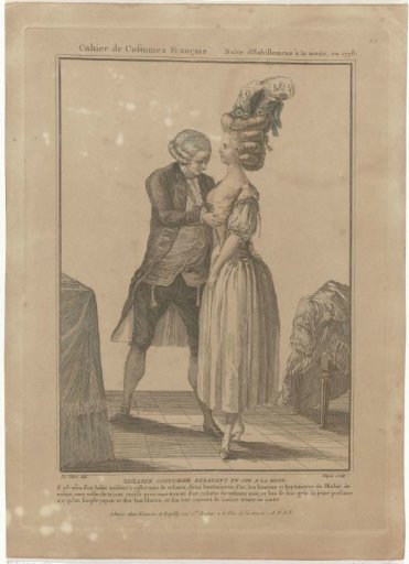 Gallerie des Modes et Costumes Français, 1778, P 85: Tailleur costumier essayant un cor de la mode