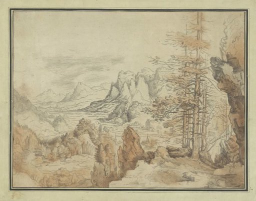 Mountainous landscape with trees and a face in a valley