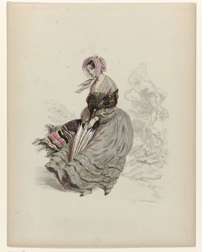 Woman walking in the wind with an umbrella, 1840