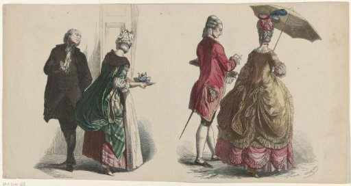 Two ladies and gentlemen in 18th-century clothing