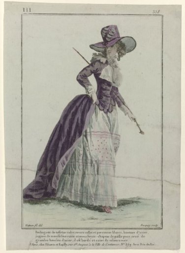 Gallerie des Modes et Costumes Français 1787, No. III, Pl. 338: Violet Taffeta Rodingotte (...)