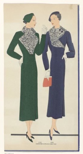 Women in dresses trimmed with astrakhan, 1935, fig. 8757 to 8760