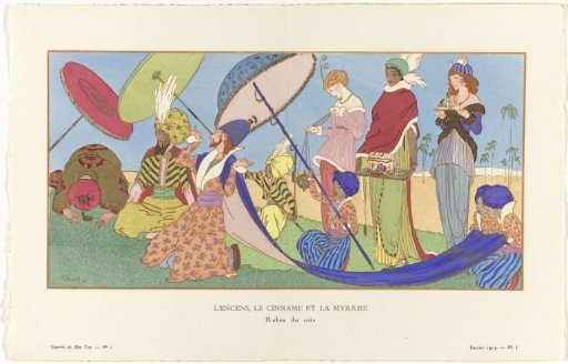 Gazette du Bon Ton, 1914 - No. 1, Pl. I: Incense, Cinnamon and Myrrh / Evening gowns.