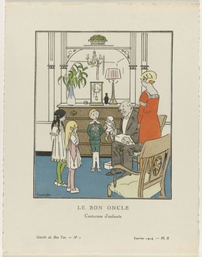 Gazette du Bon Ton, 1914 - No. 1, Pl. II: The Good Uncle / Children's costumes