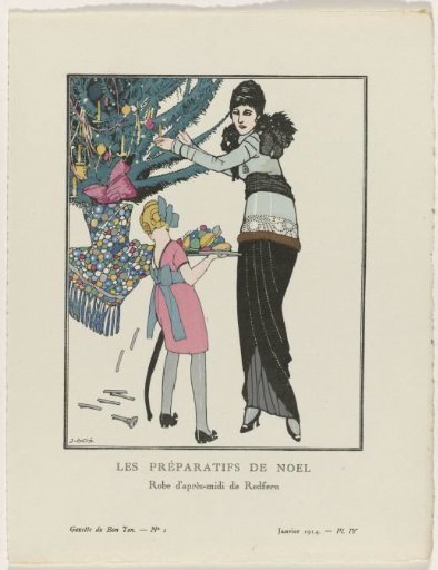 Gazette du Bon Ton, 1914 - No. 1, Pl. IV: Christmas Preparations / Afternoon dress by Redfern