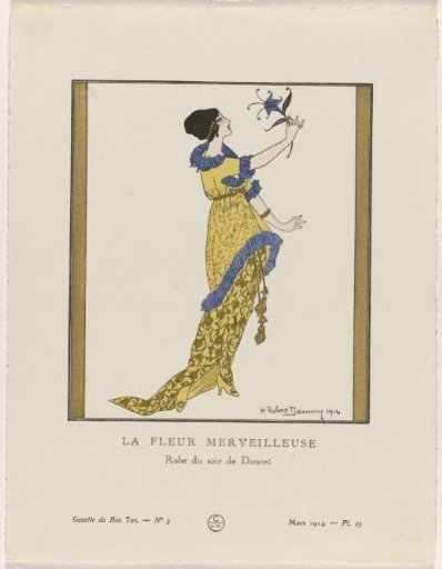 Gazette du Bon Ton, 1914 - No. 3, Pl. 25: La fleur merveilleuse / Robe du soir de Doucet