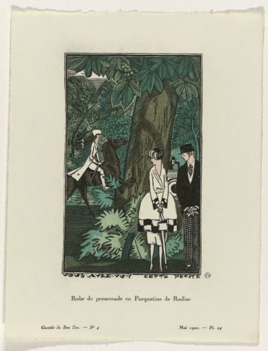 Gazette du Bon Ton, 1920 - No. 4, Pl. 24: Vous avez-vu? Cette petite / Robe de promenade en Parquetine de Rodier