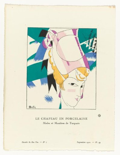 Gazette du Bon Ton, 1920 - No. 7, Pl. 49: The Porcelain Hat / Modes and Manners of Torquate