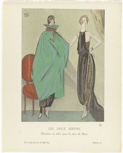 Gazette du Bon Ton, 1920 - No. 7, Pl. 54: The Two Sisters / Coat and Evening Dress by Beer
