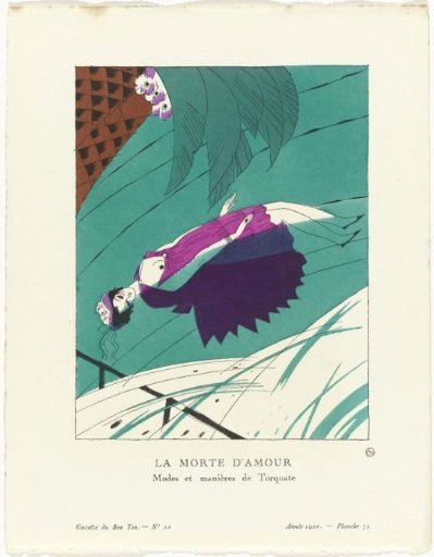 Gazette du Bon Ton, 1920 - No. 10, Pl. 72: The Death of Love / Fashions and Manners of Torquate
