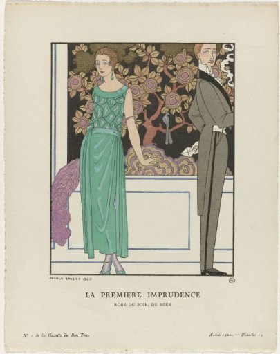 Gazette du Bon Ton, 1921 - No. 2, Pl. 15: The first imprudence / Evening dress, by Beer