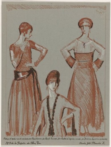 Gazette du Bon Ton, 1921 - No. 3, Pl. X: Afternoon Dress and Tailored Suit, by Paul Poiret, and Afternoon Dress, by Jeanne Lanvin