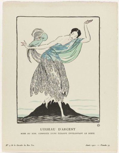 Gazette du Bon Ton, 1921 - No. 5: The silver bird / Evening gown, composed of a sash enveloping the bust