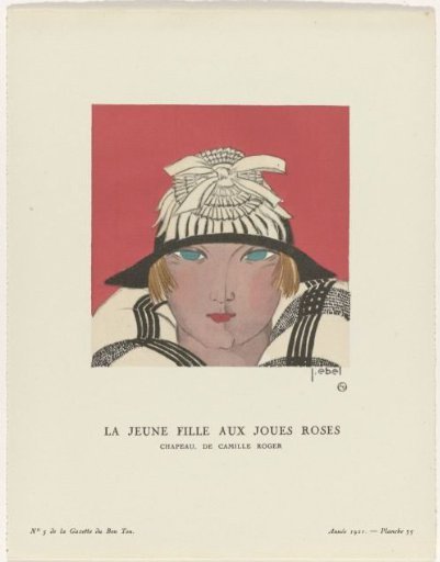 Gazette du Bon Ton, 1921 - No. 5, Pl. 35: The girl with rosy cheeks / Hat, by Camille Roger