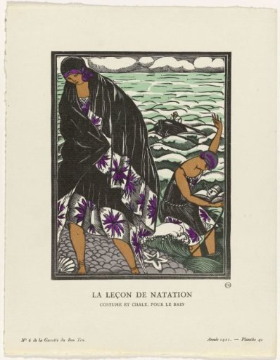 Gazette du Bon Ton, 1921 - No. 6, Pl. 41: The swimming lesson / Costume and shawl for bathing