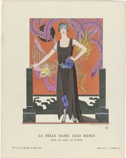 Gazette du Bon Ton, 1921 - No. 6, Pl. 47: The beautiful lady without mercy / Evening gown, by Worth