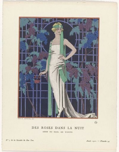 Gazette du Bon Ton, 1921 - No. 7, Pl. 54: Dresses in the night / Evening gown by Worth